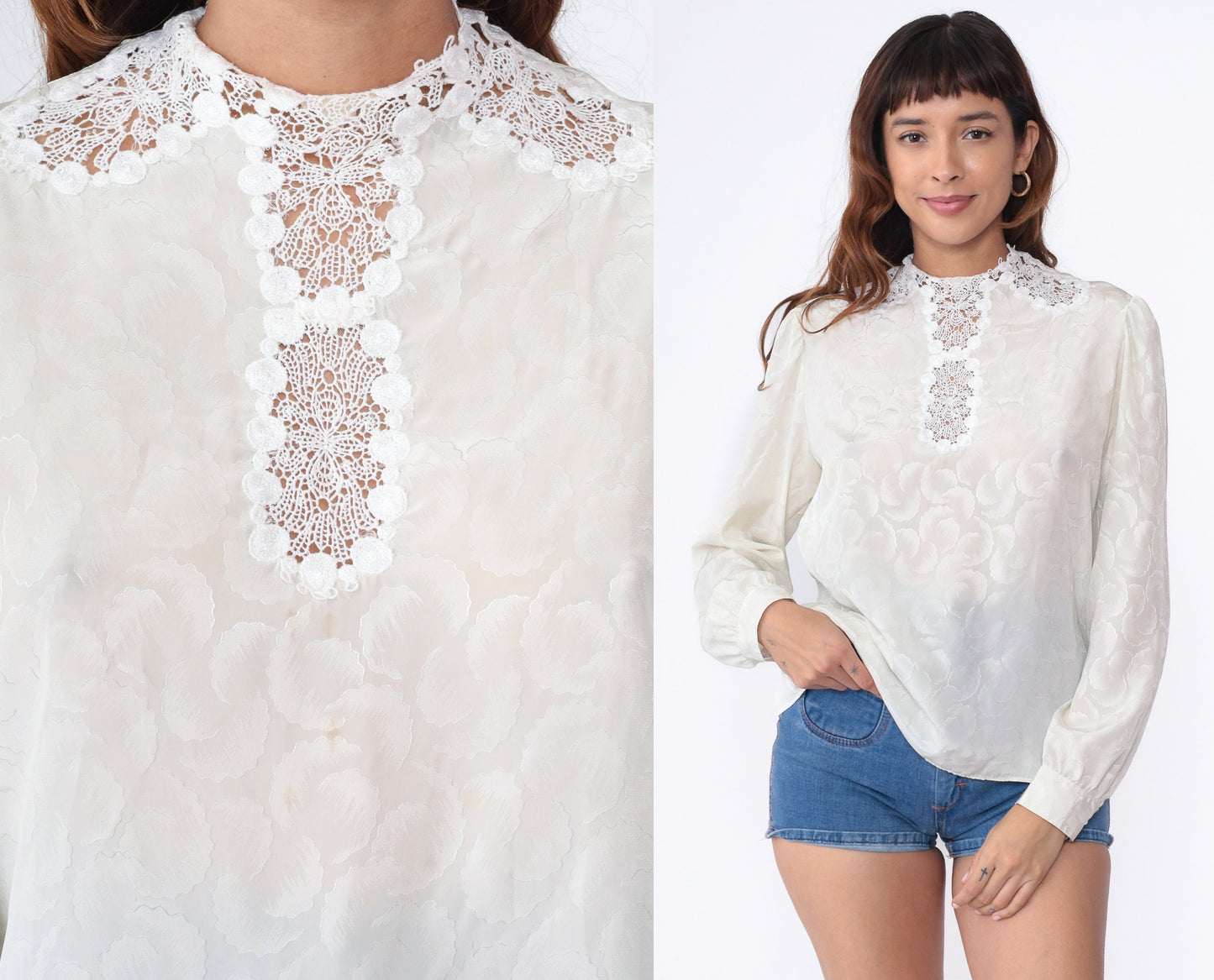 80s White Embossed Blouse Puff Sleeve Cutwork Lace Trim Button Back Medium