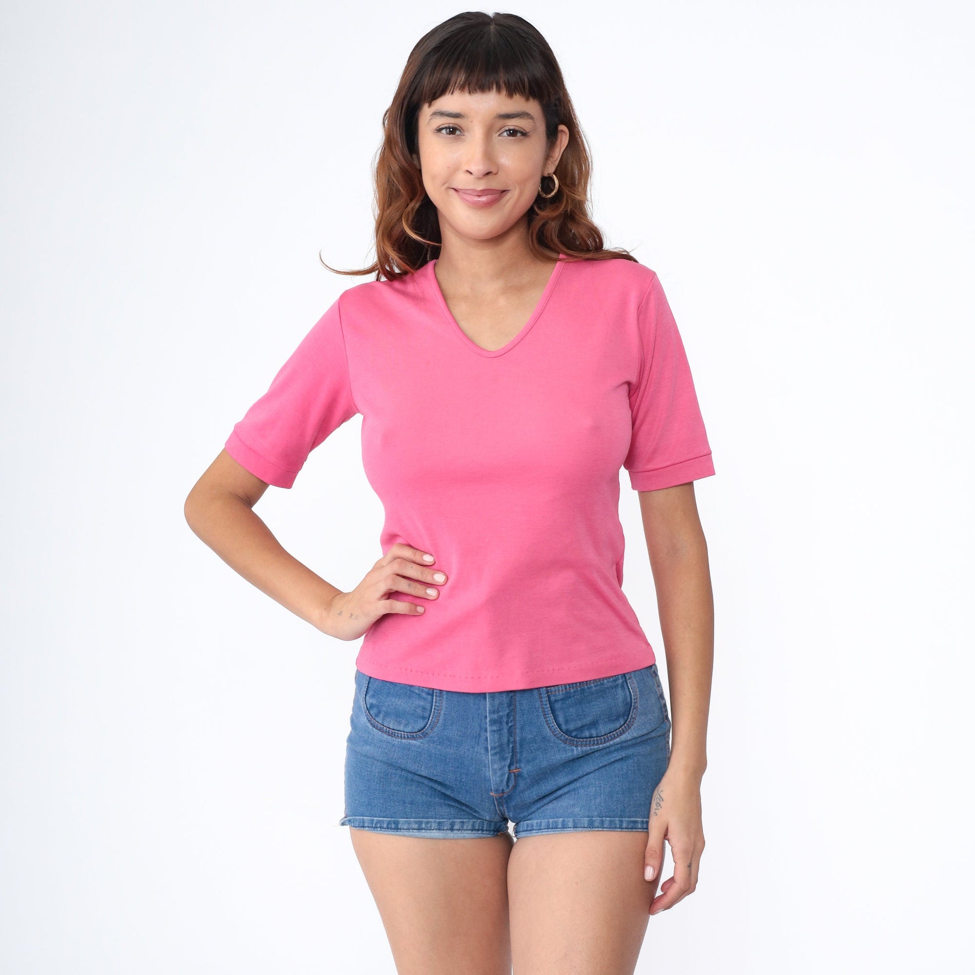 80s Bright Pink V-Neck T-Shirt Single Stitch Short Sleeve Small S