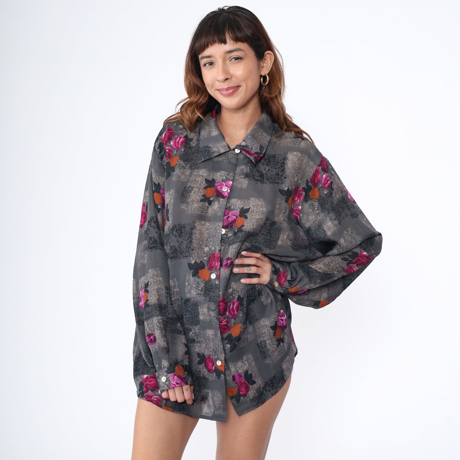 90s Grey Floral Button-Up Shirt Long Sleeve Geometric Print Plus Size XXL