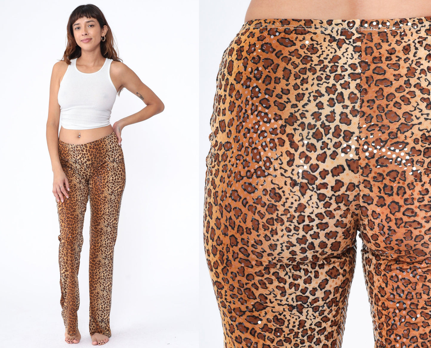 00s Hot Kiss Leopard Glitter Flared Pants Low Rise Y2K Large