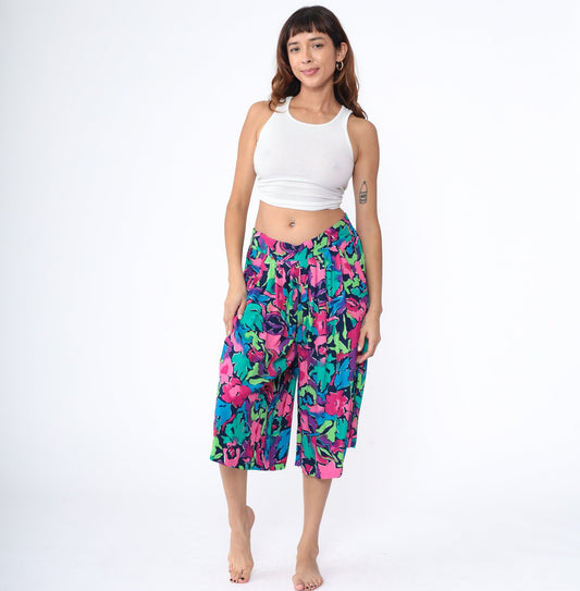 90s Floral Capri Pants High Waist Pleated Wide Leg Abstract Print Purple Pink Medium