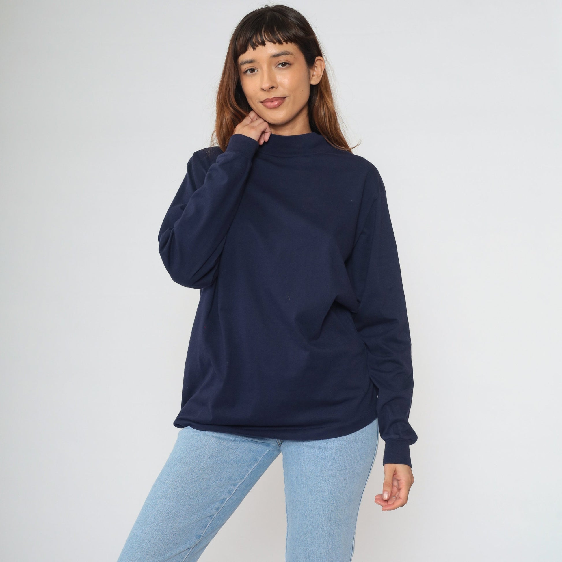 90s Navy Mock Neck Long Sleeve Cotton Tee Large L