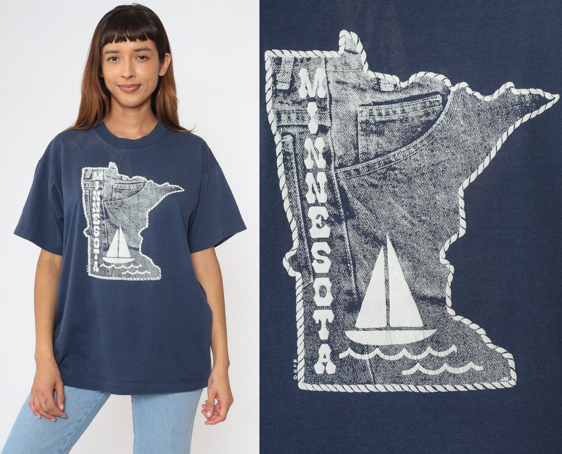 90s Minnesota State Map Sailboat T Shirt Navy Blue Screen Stars Extra Large