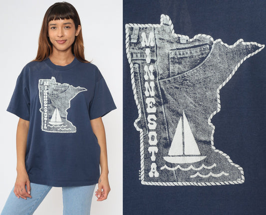 90s Minnesota State Map Sailboat T Shirt Navy Blue Screen Stars Extra Large