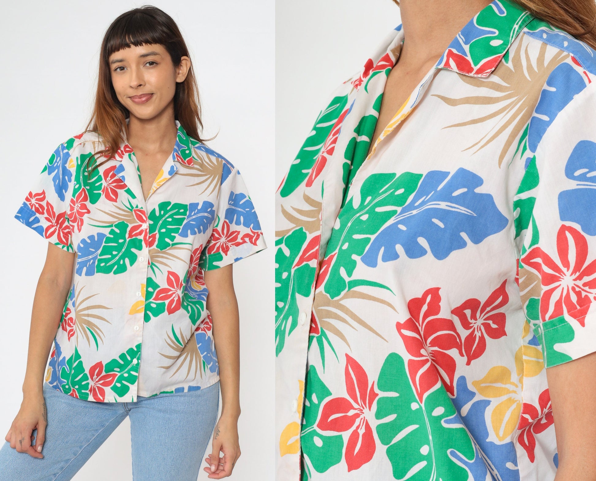 80s Tropical Floral Cotton Button-Up Blouse White Leaf Print Short Sleeve Medium