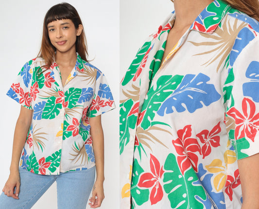 80s Tropical Floral Cotton Button-Up Blouse White Leaf Print Short Sleeve Medium