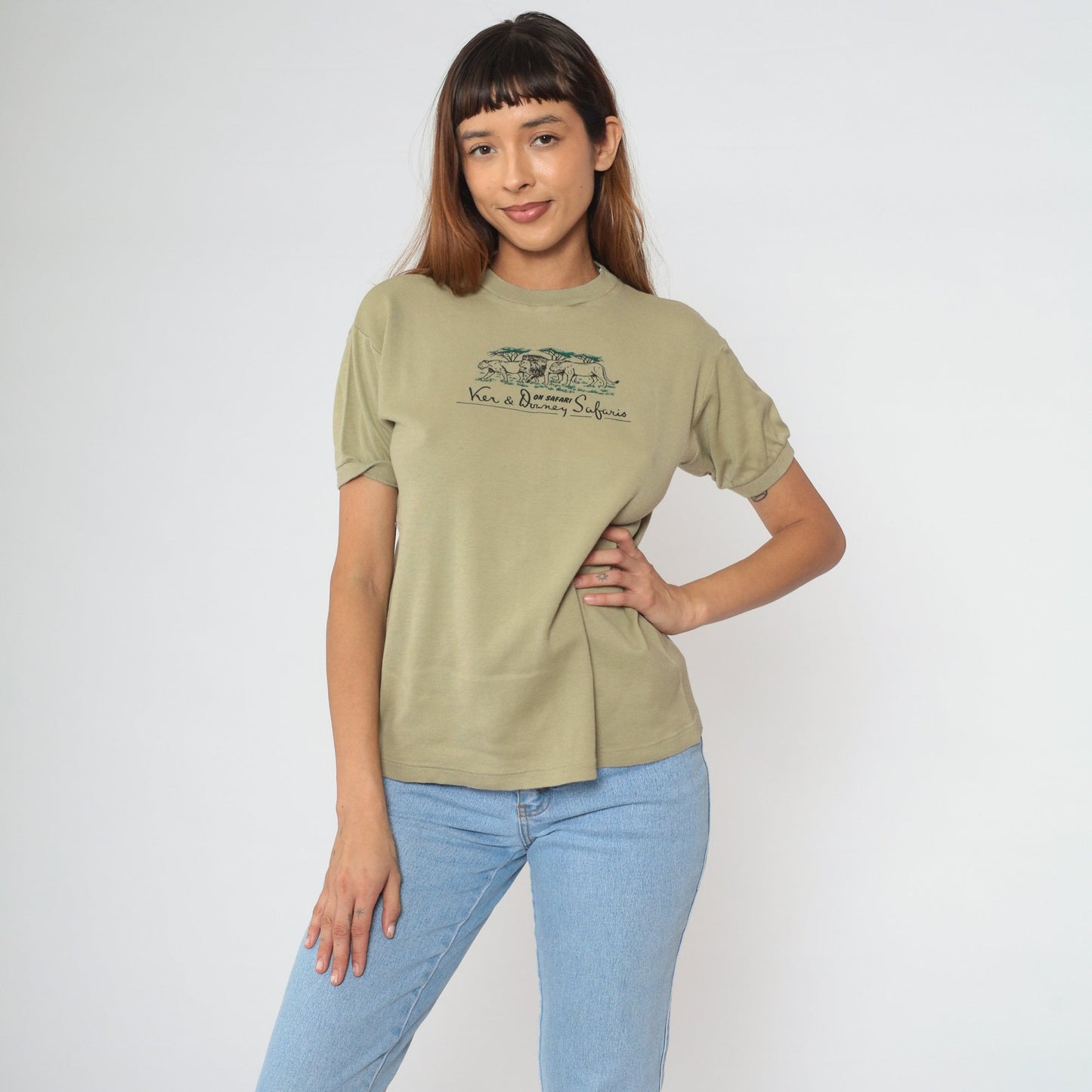 00s Ker And Downey Safaris Lion Graphic T-Shirt Khaki Cotton Medium