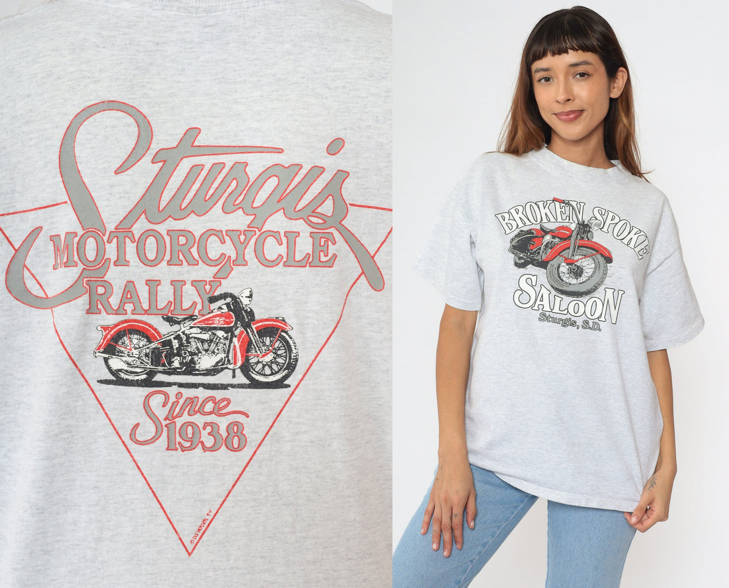 90s Sturgis Motorcycle Rally Broken Spoke Saloon Graphic Tee Grey Cotton Large