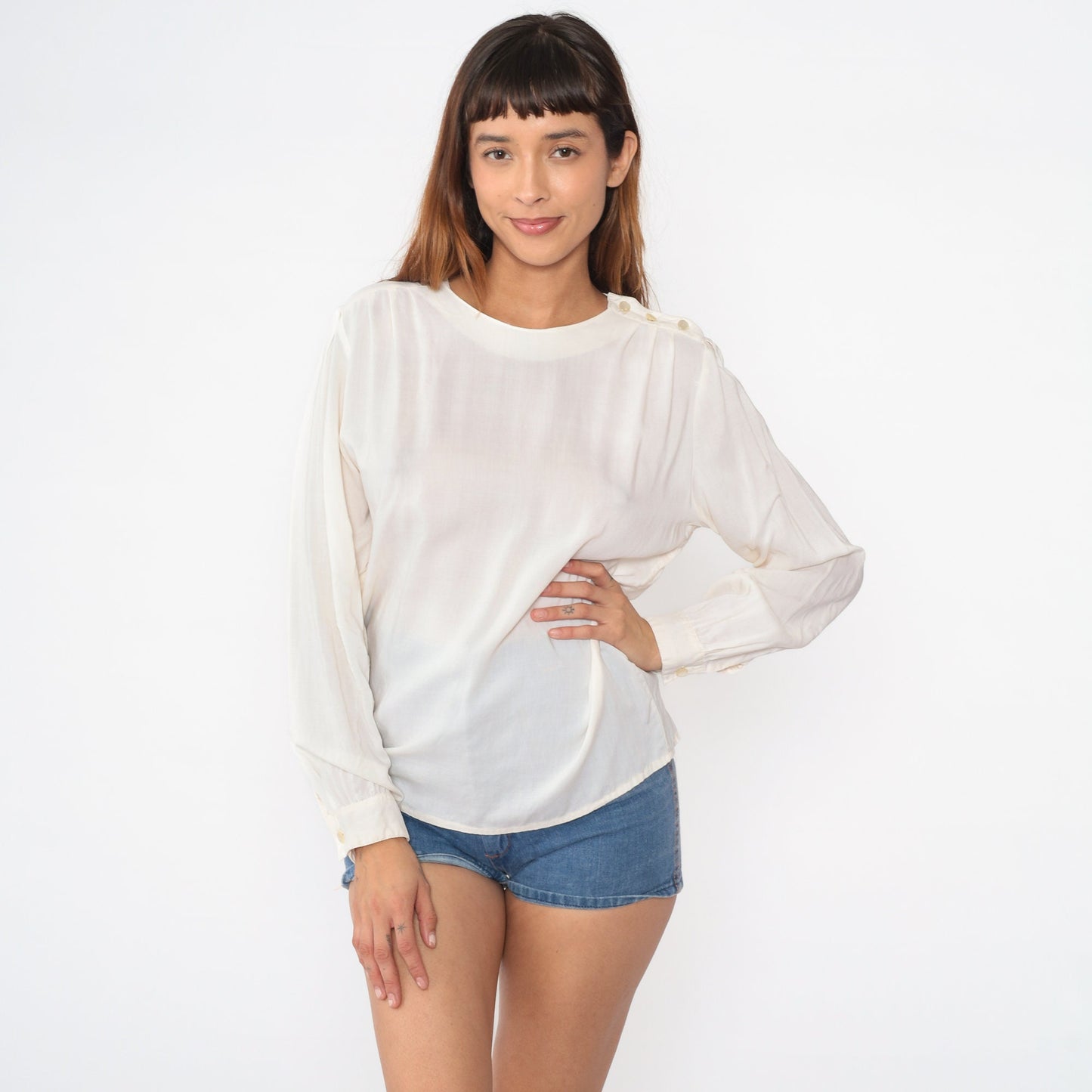 90s White Rayon Blouse Puff Sleeve Shoulder Button Top Medium