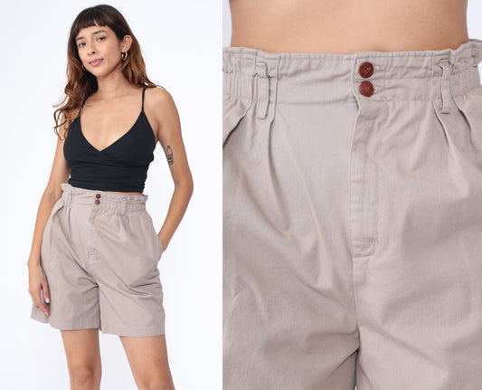 90s Khaki Pleated Paper Bag Shorts High Waisted Cotton Small