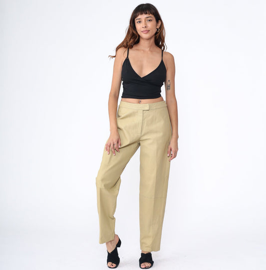 80s Bagatelle Leather Pants High Waist Straight Leg Beige Large