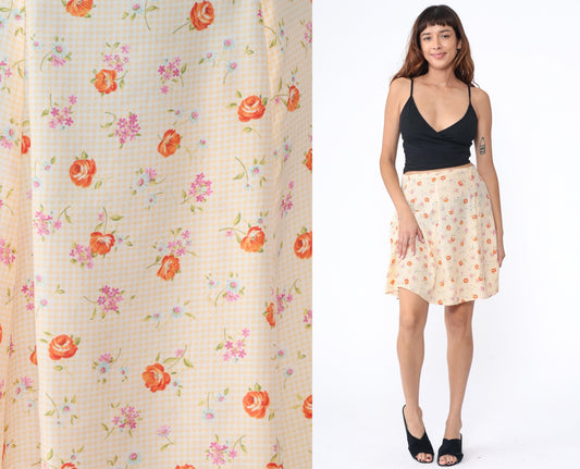 70s Yellow Gingham Floral Mini Skirt High Waist Zipper Medium