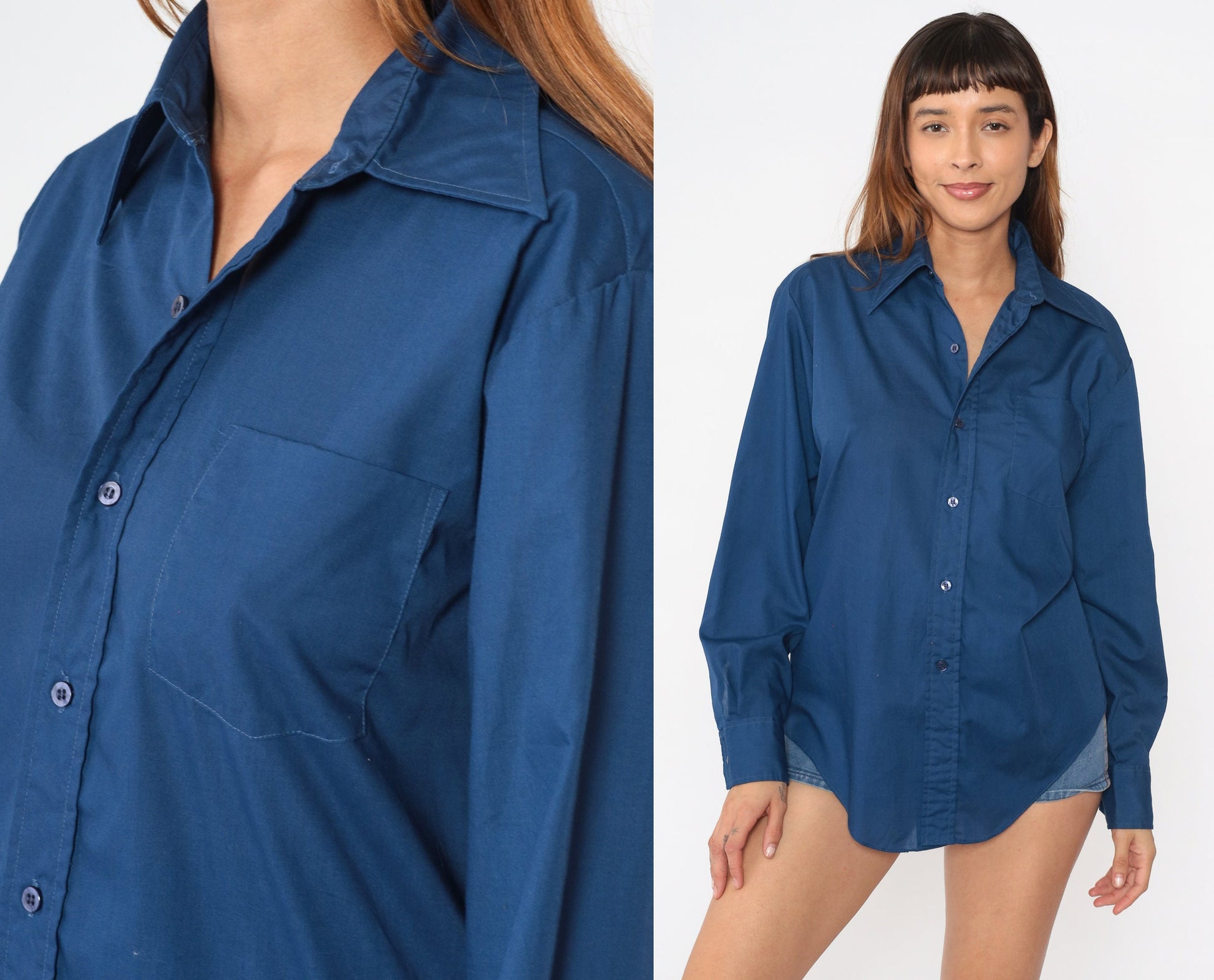 70s Navy Blue Cotton Button-Up Shirt Pointed Collar Long Sleeve Medium