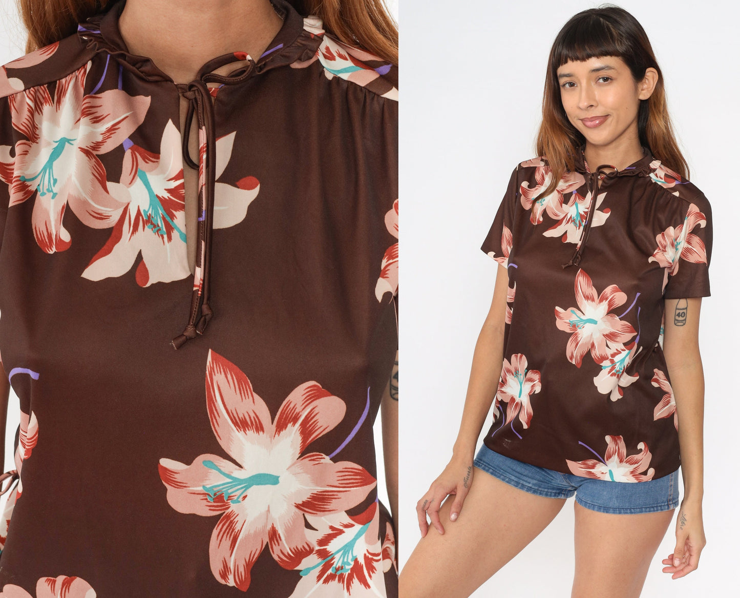 70s Brown Floral Blouse Keyhole Tie Neck Ruffled Collar Short Sleeve Medium