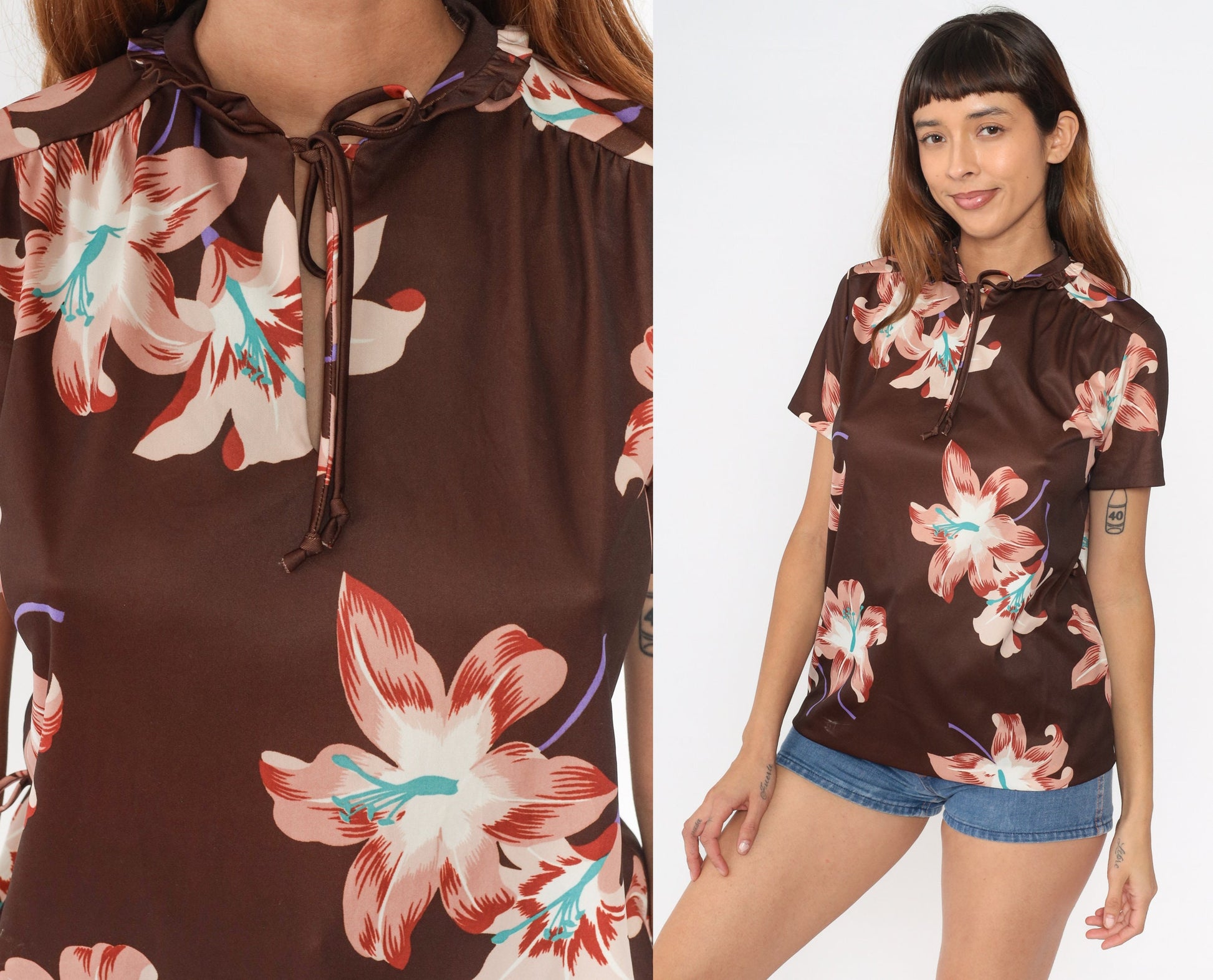 70s Brown Floral Blouse Keyhole Tie Neck Ruffled Collar Short Sleeve Medium