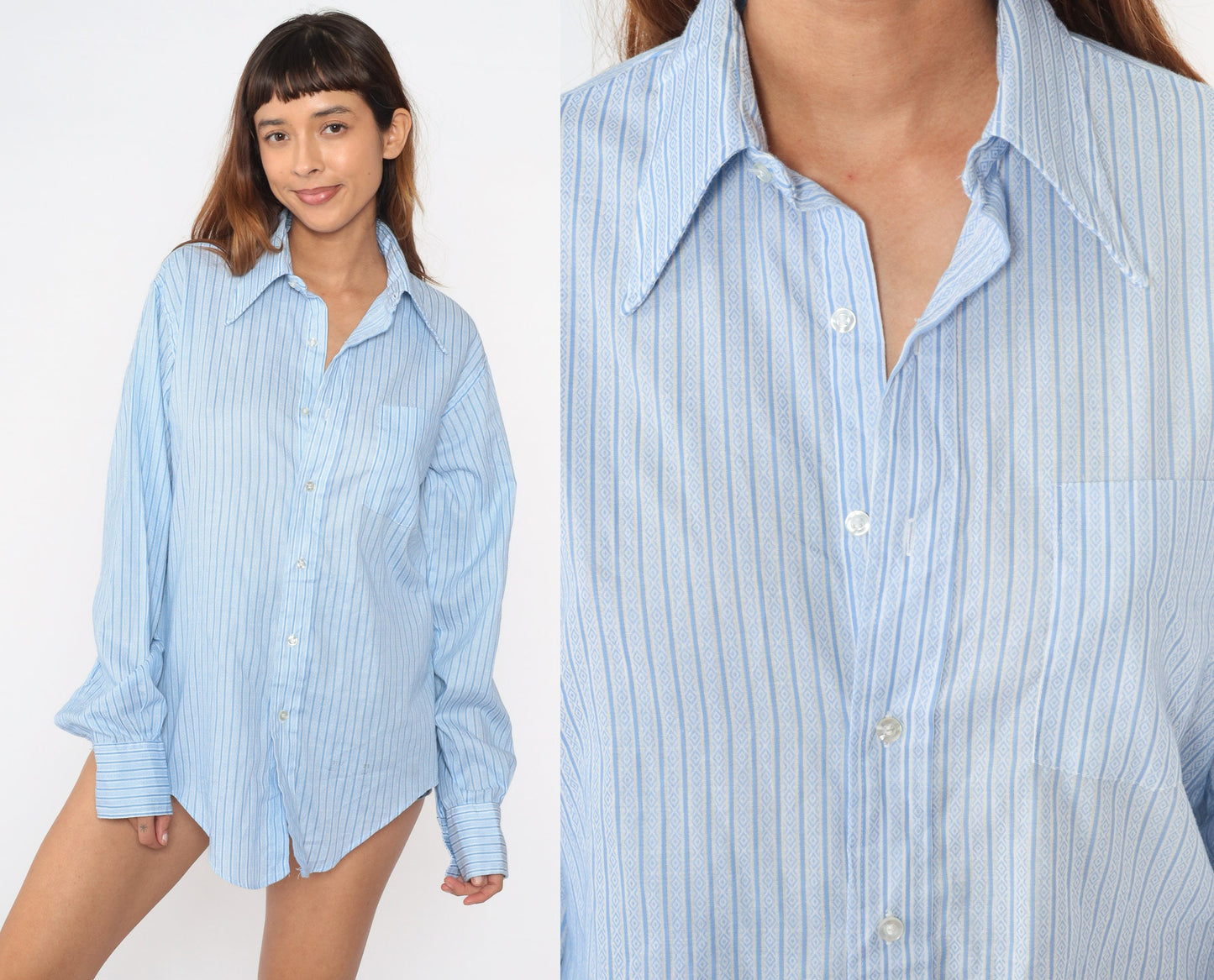70s Grodins Blue Striped Oxford Shirt Southwestern Print Medium