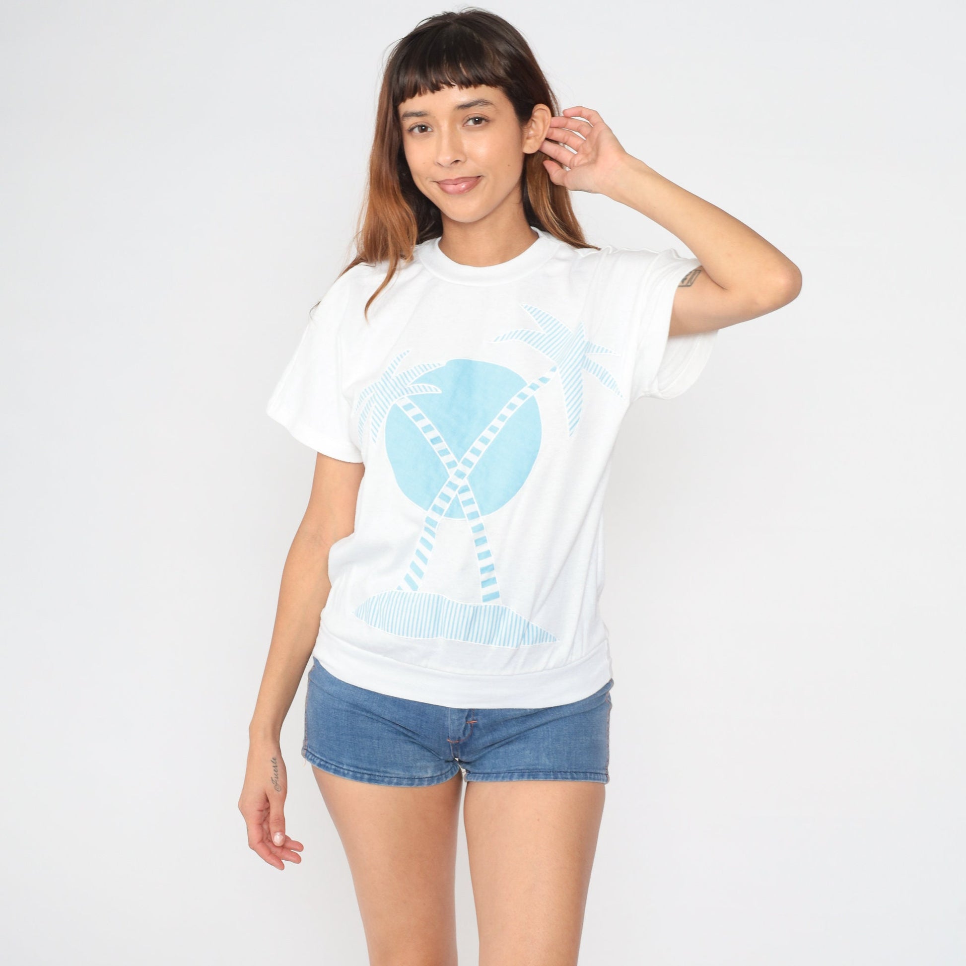 80s White Stag Palm Tree Graphic T-Shirt Blue Sun Banded Hem Medium