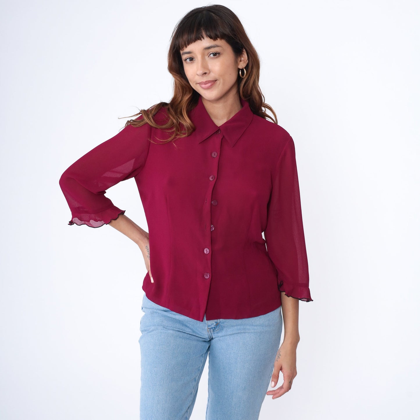Y2K Raspberry Ruffle Blouse Sheer 3/4 Sleeve Button Up Collared Top Medium