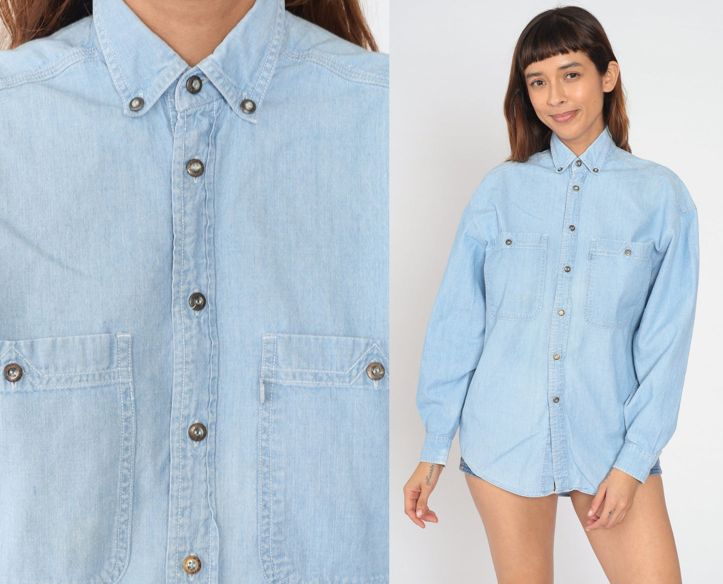 90s Levi's Blue Denim Button-Up Shirt Cotton Long Sleeve Small S