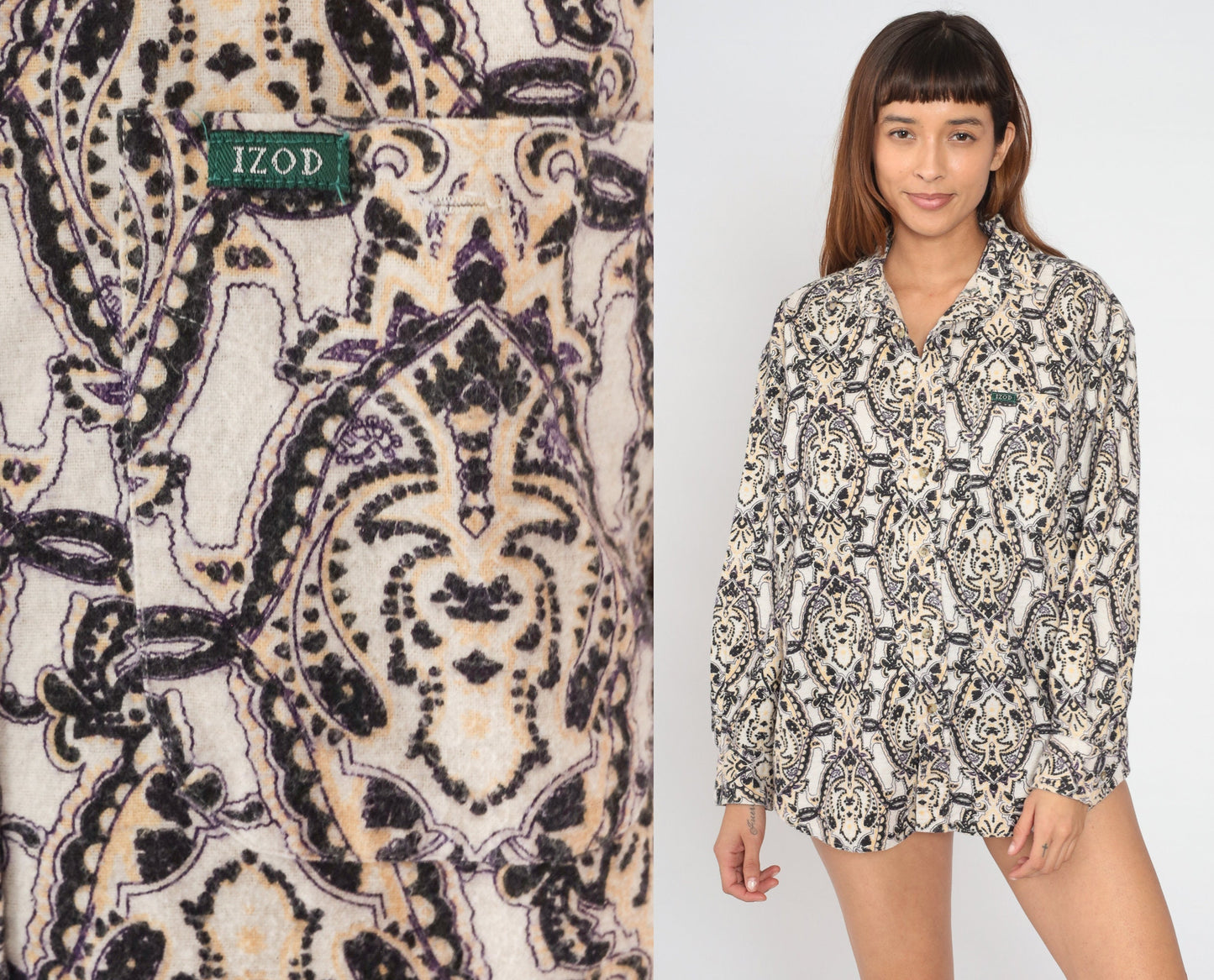 Izod 90s Paisley Button-Up Shirt Cotton Fleece Psychedelic Print Medium