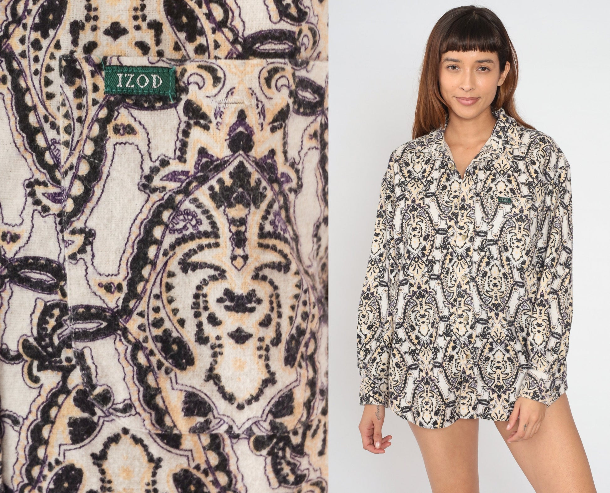 Izod 90s Paisley Button-Up Shirt Cotton Fleece Psychedelic Print Medium