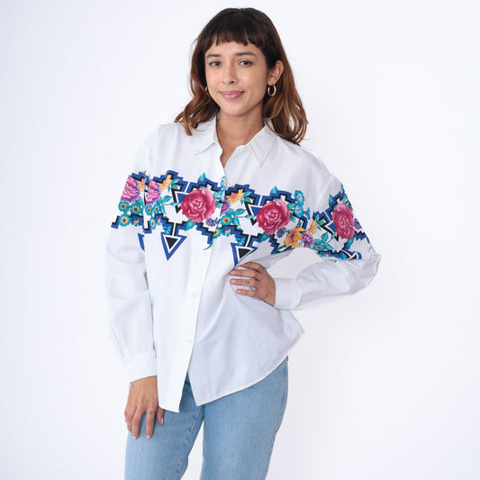90s Roper Floral Western Shirt White Cotton Button Up Large