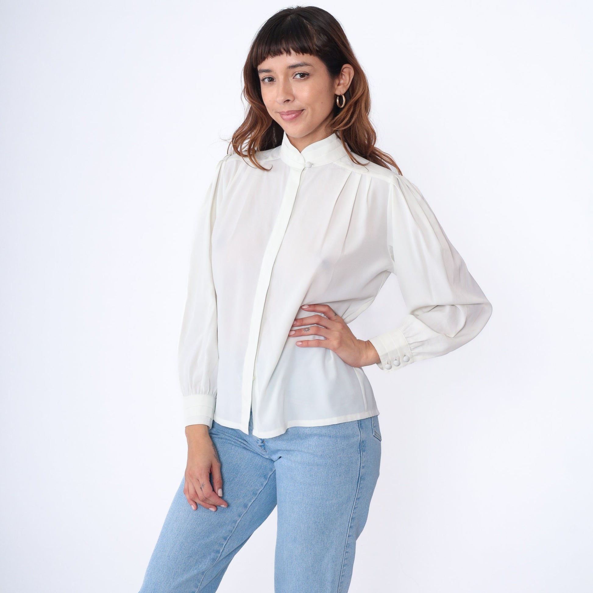 80s White Puff Sleeve Blouse Pleated Mandarin Collar Hidden Button Semi-Sheer Medium