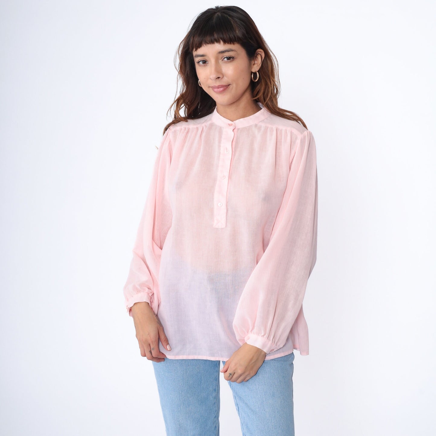 80s Sheer White Blouse Puff Sleeve Collared Button-Up Medium