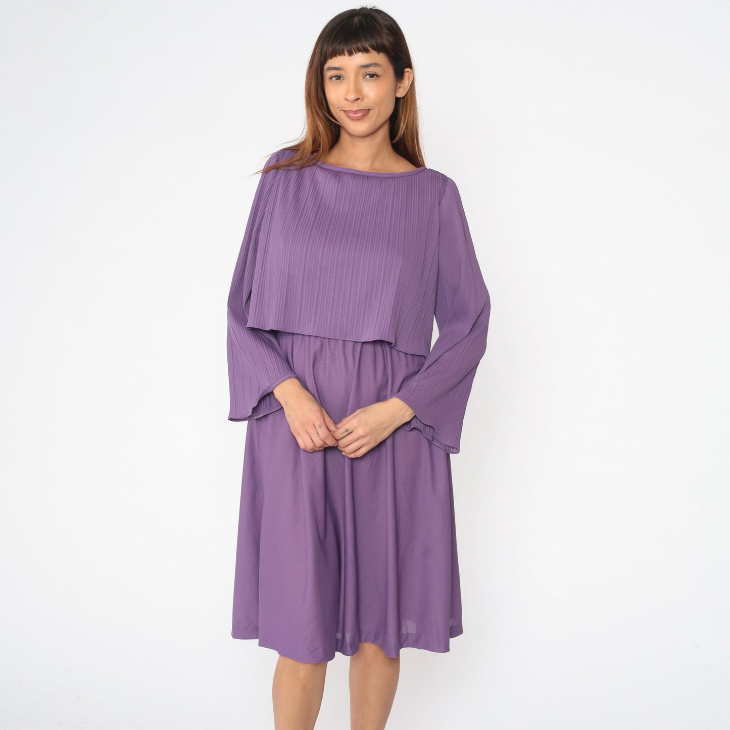 70s Purple Midi Dress Knife Pleated High Waist Bell Sleeve Small Medium