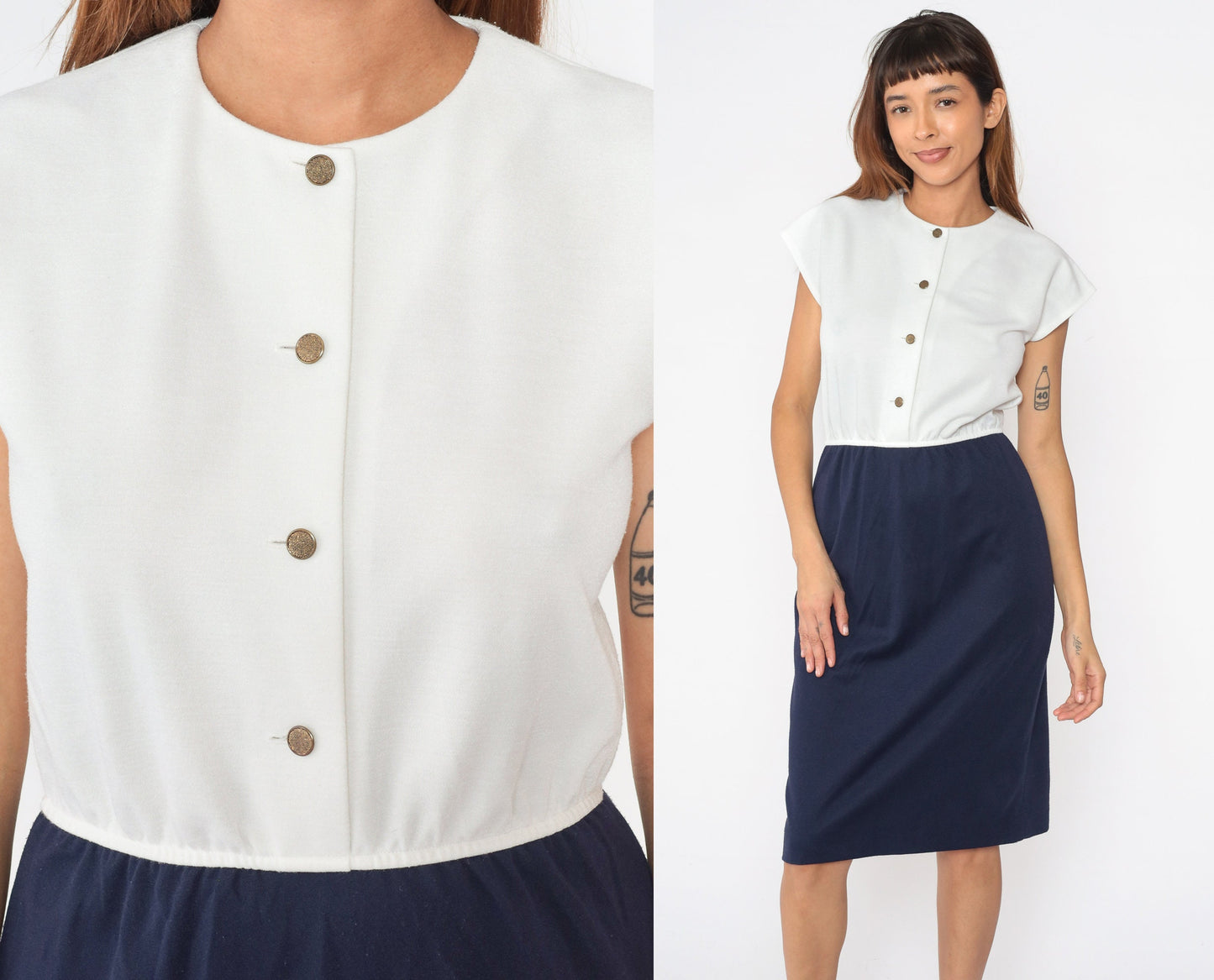 80s Leslie Fay Navy White Button-Up Midi Dress Cap Sleeve Small