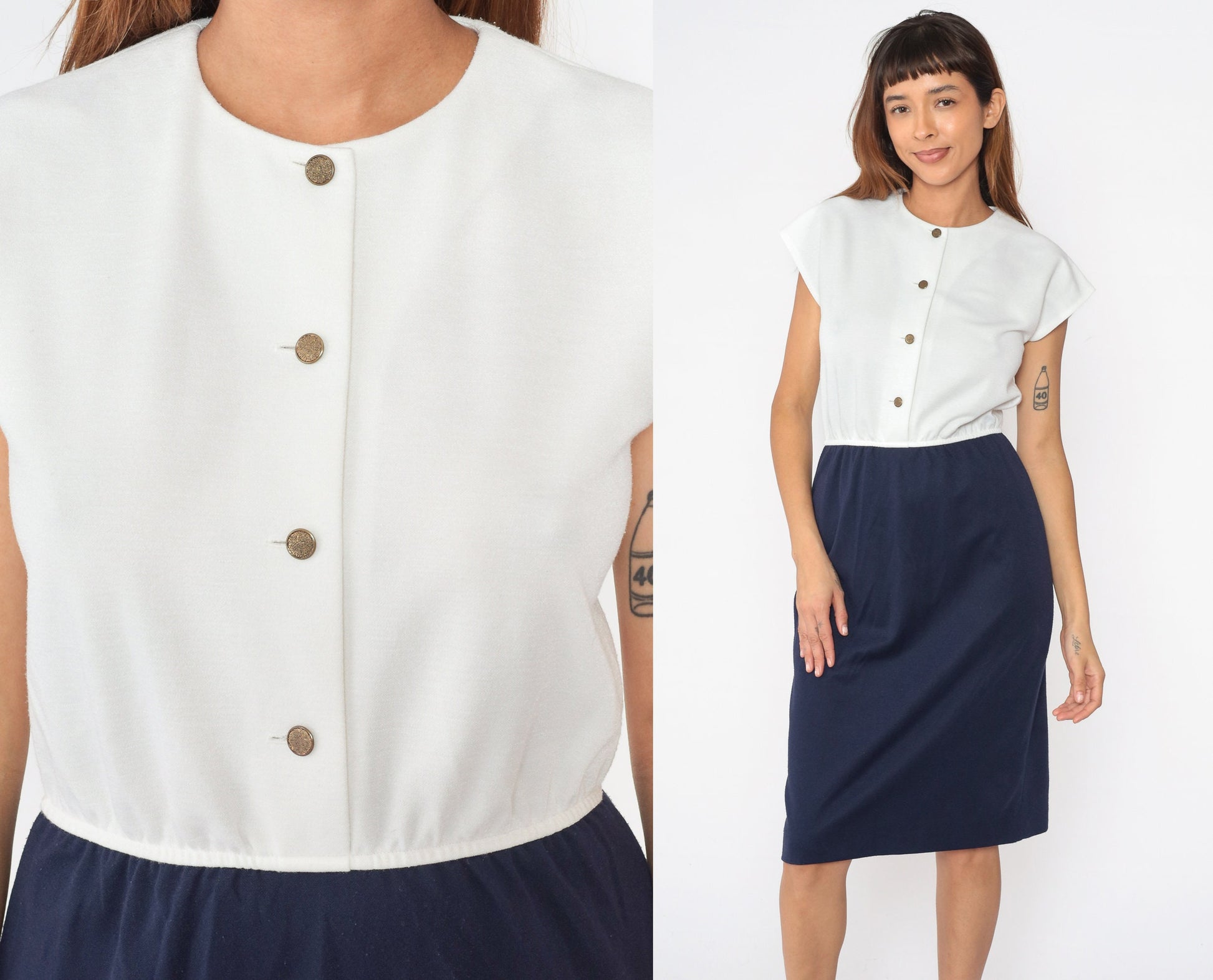 80s Leslie Fay Navy White Button-Up Midi Dress Cap Sleeve Small