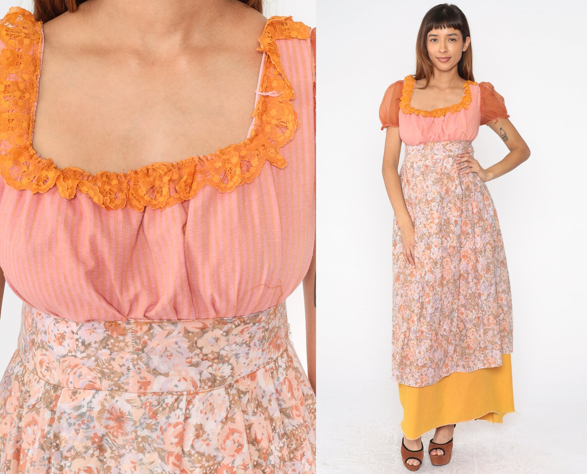 1970s Floral Maxi Dress Puff Sleeve Empire Waist Pink Orange Striped Small