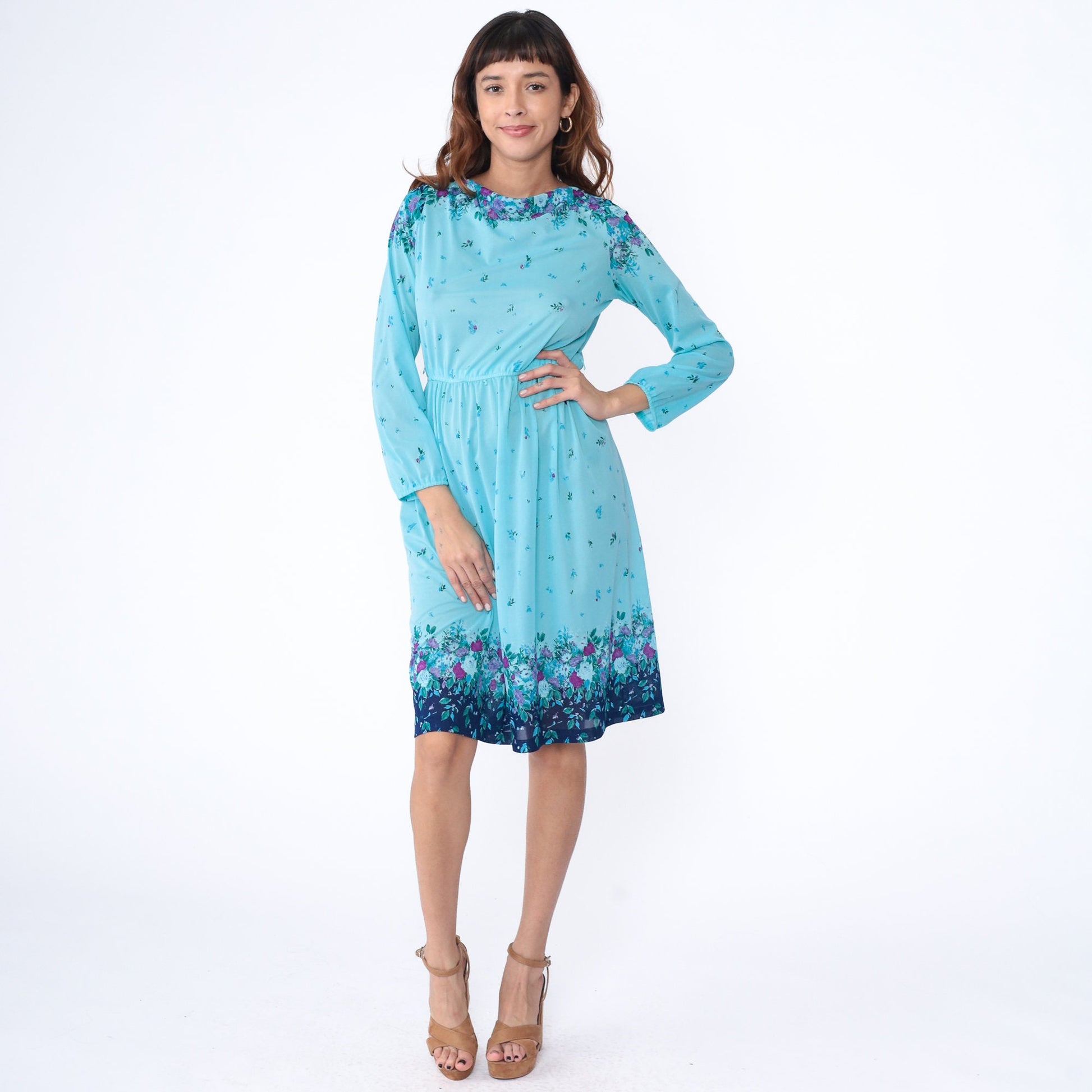 70s Blue Floral Midi Dress Cowl Neck High Waist Long Sleeve Small