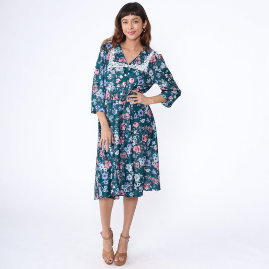 80s Floral Midi Dress Lace Collar Puff Sleeve Green Rose Print High Waist Large