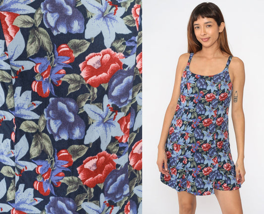 90s Impressions Tropical Floral Romper Blue Spaghetti Strap Playsuit Medium