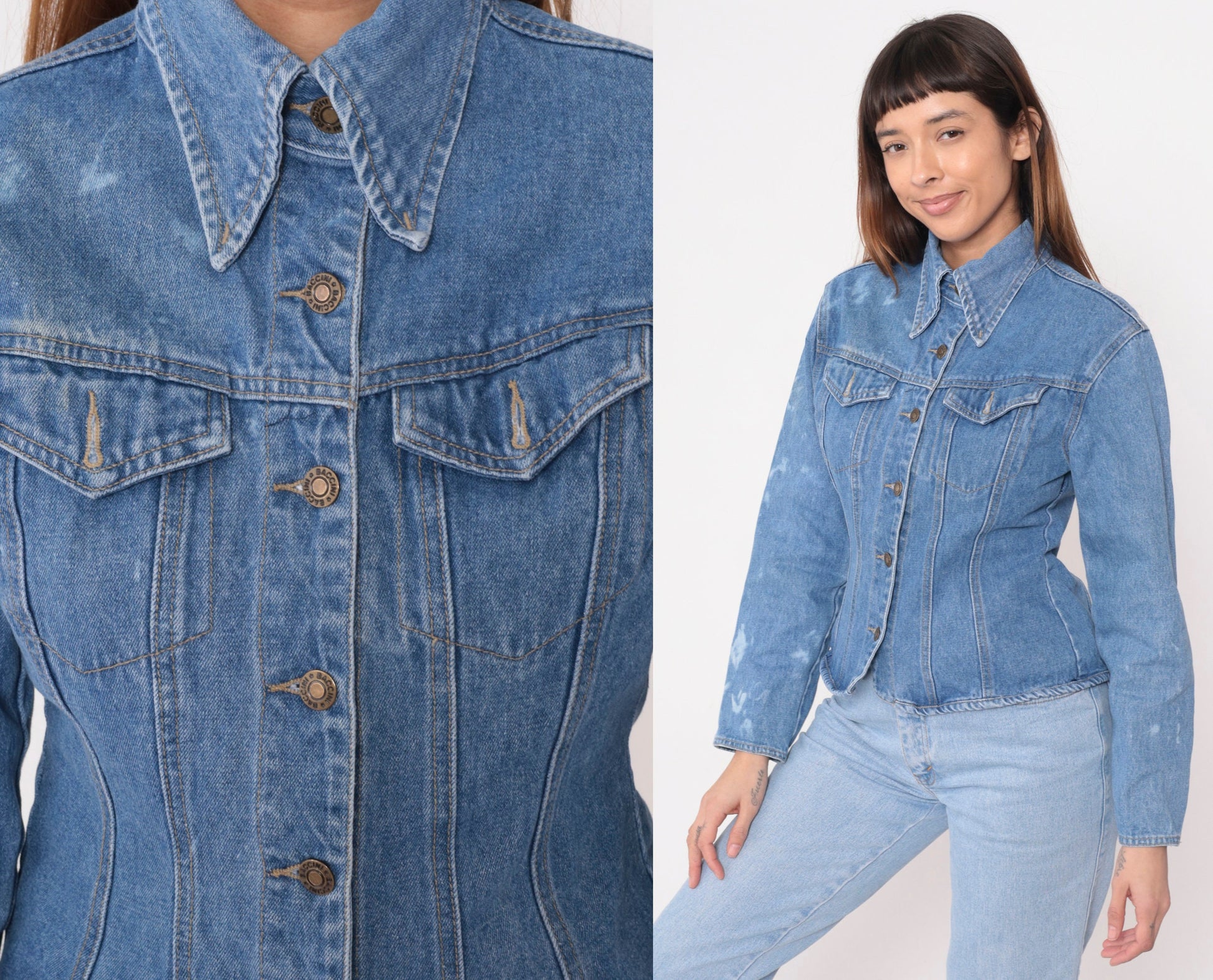 90s Baccini Bleach Splatter Denim Jacket Fitted Blue Stone Wash Small