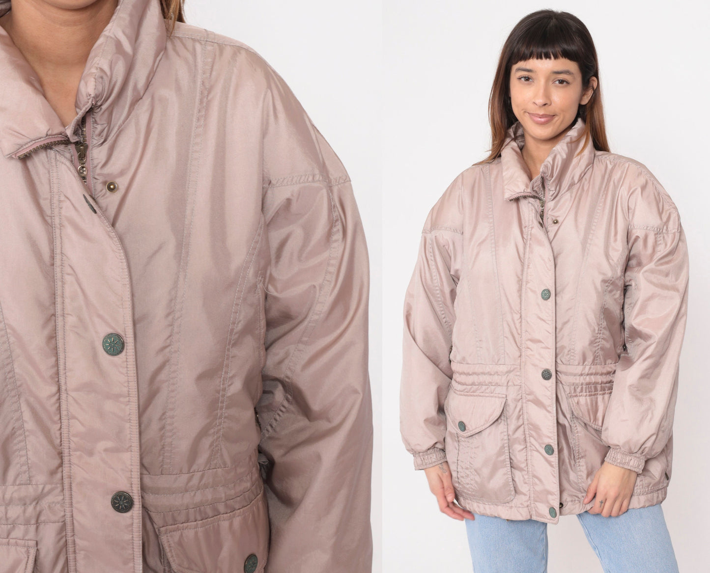 90s Mauve Puffer Ski Jacket Nylon Embroidered Drawstring Waist Large L