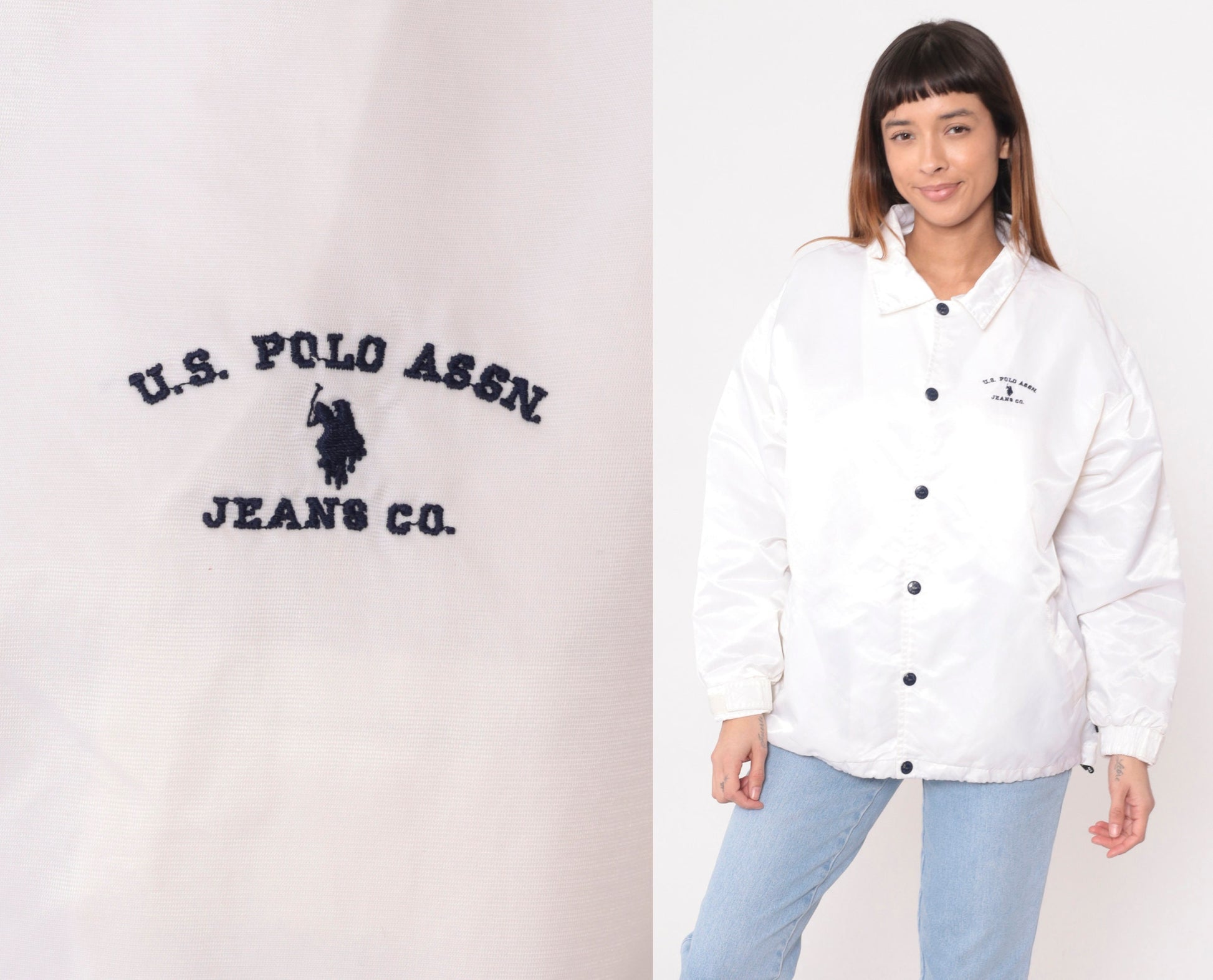 90s U.S. Polo Assn. White Nylon Windbreaker Snap Jacket Extra Large