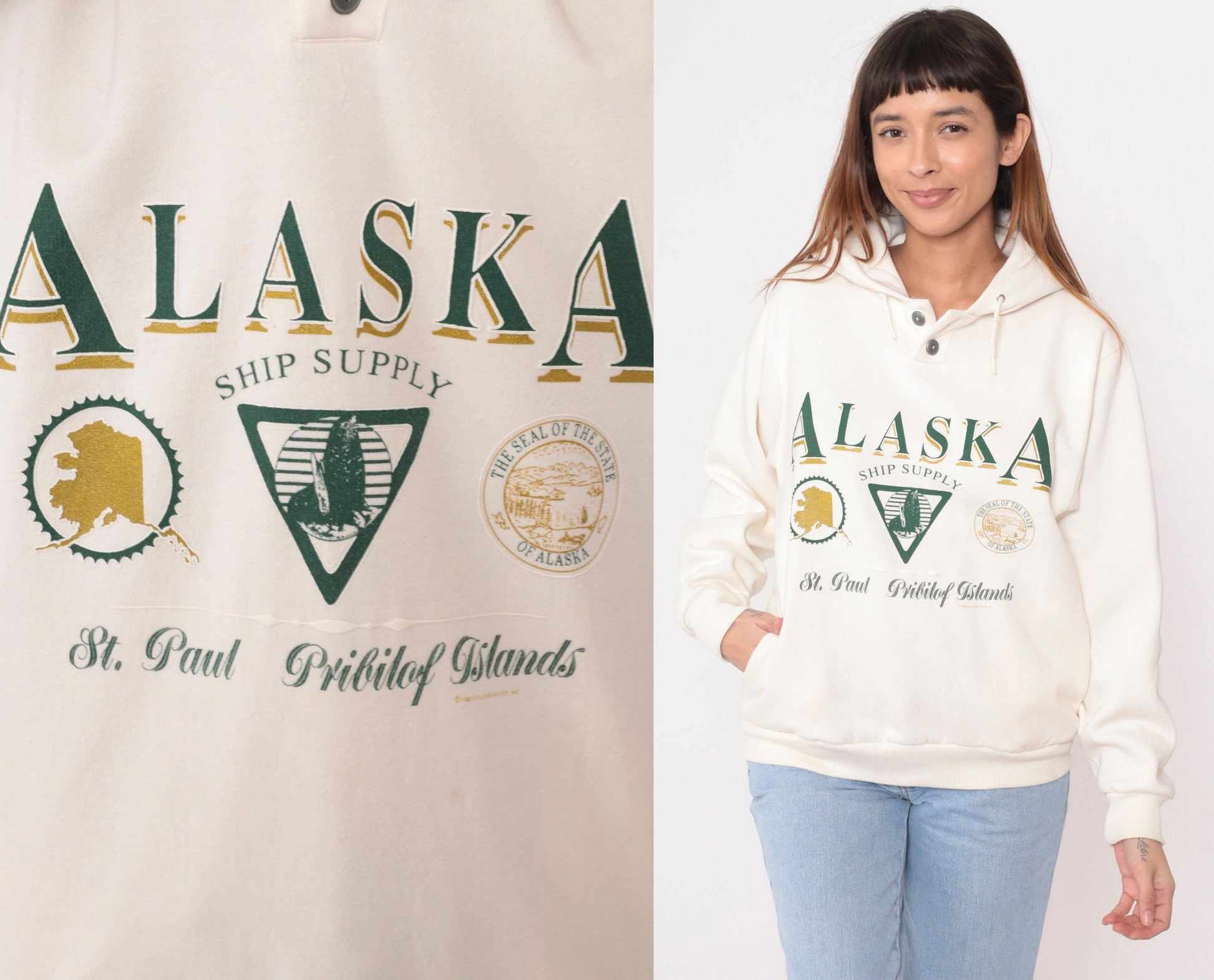 90s St. Paul Island Alaska Hooded Sweatshirt Cream Graphic Medium