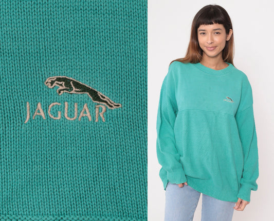 90s Andrew Rohan Jaguar Cotton Knit Sweater Aqua Green Extra Large XL