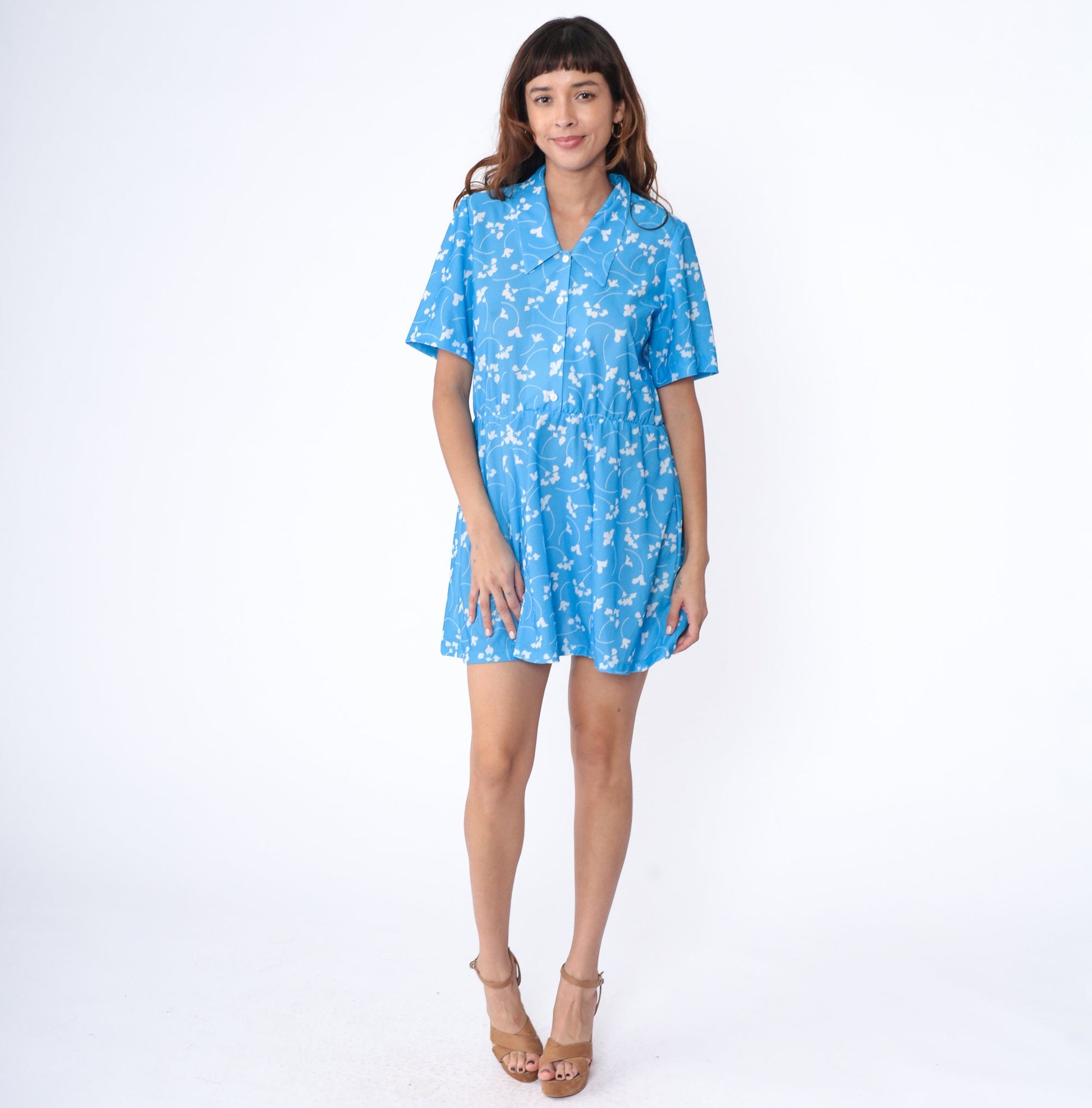 80s Blue Floral Mini Dress Chelsea Collar Button-Up Shirtdress Medium
