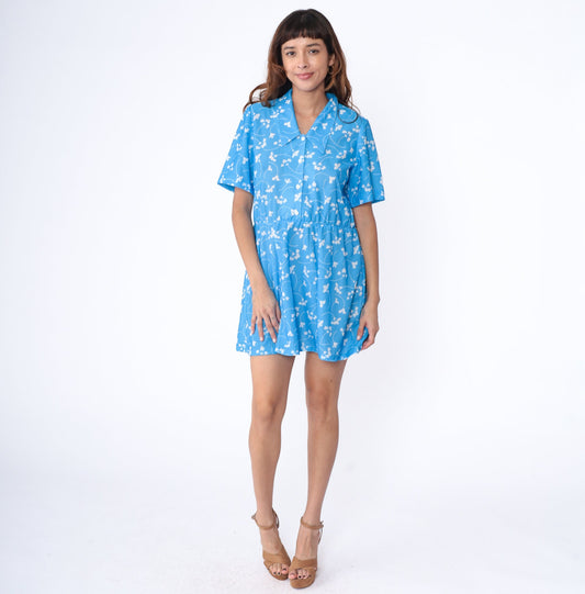 80s Blue Floral Mini Dress Chelsea Collar Button-Up Shirtdress Medium