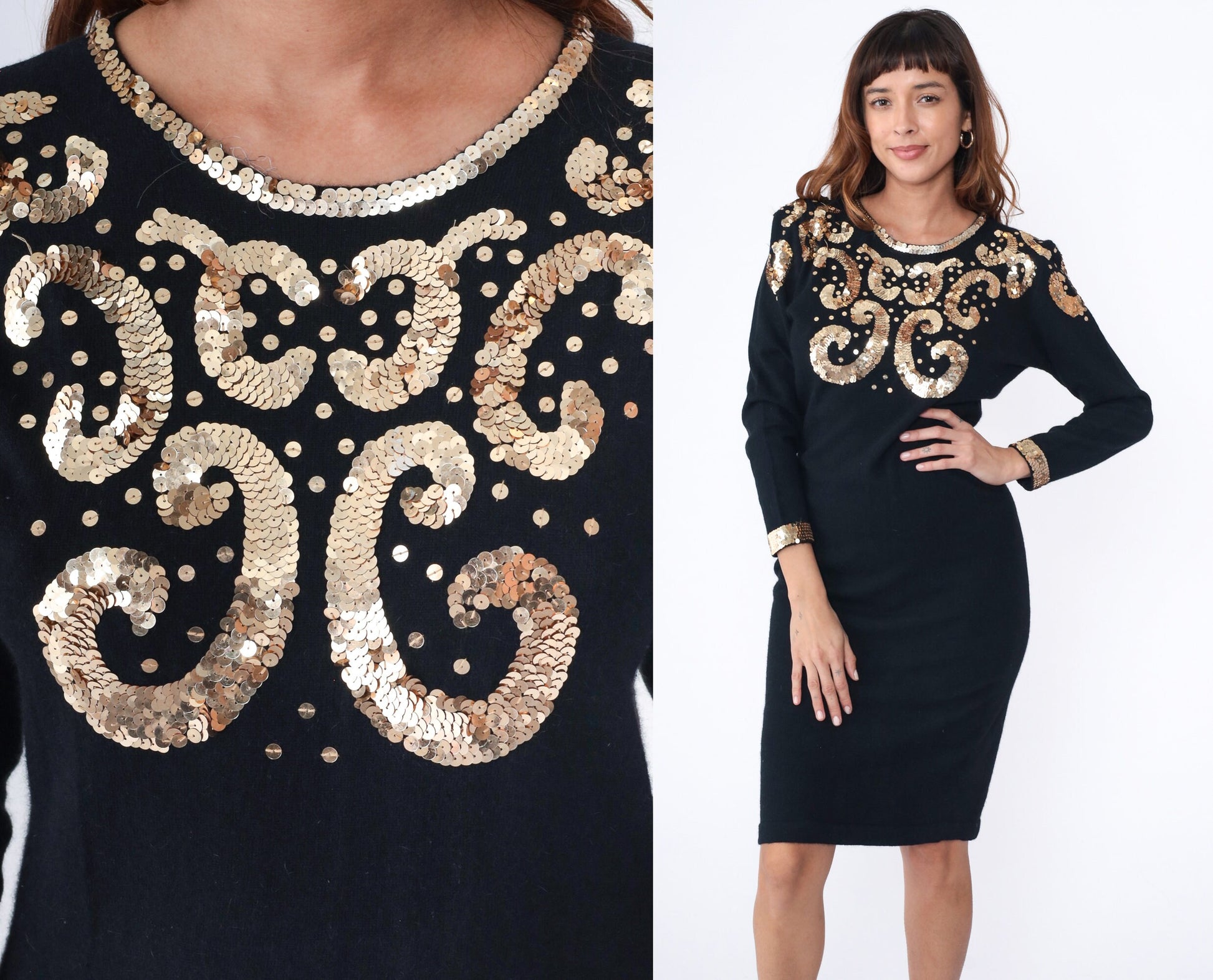80s Black Gold Sequin Wool Angora Blend Sweater Dress Midi Long Sleeve Medium