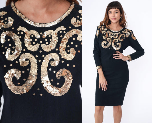80s Black Gold Sequin Wool Angora Blend Sweater Dress Midi Long Sleeve Medium