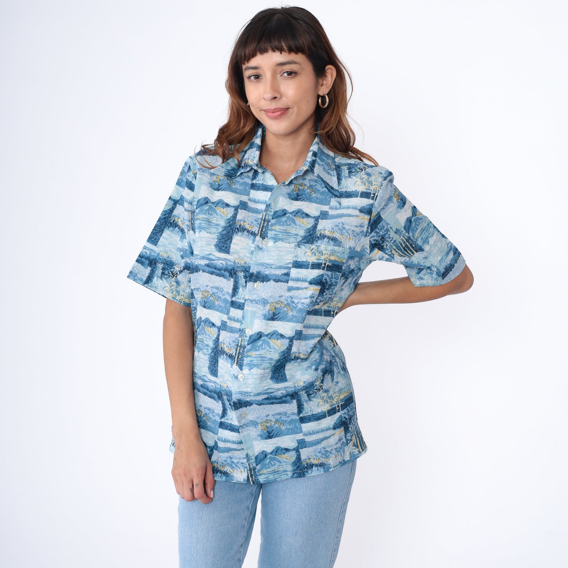 70s Nature Print Button-Up Shirt Trees Mountains Blue Short Sleeve Men's Medium