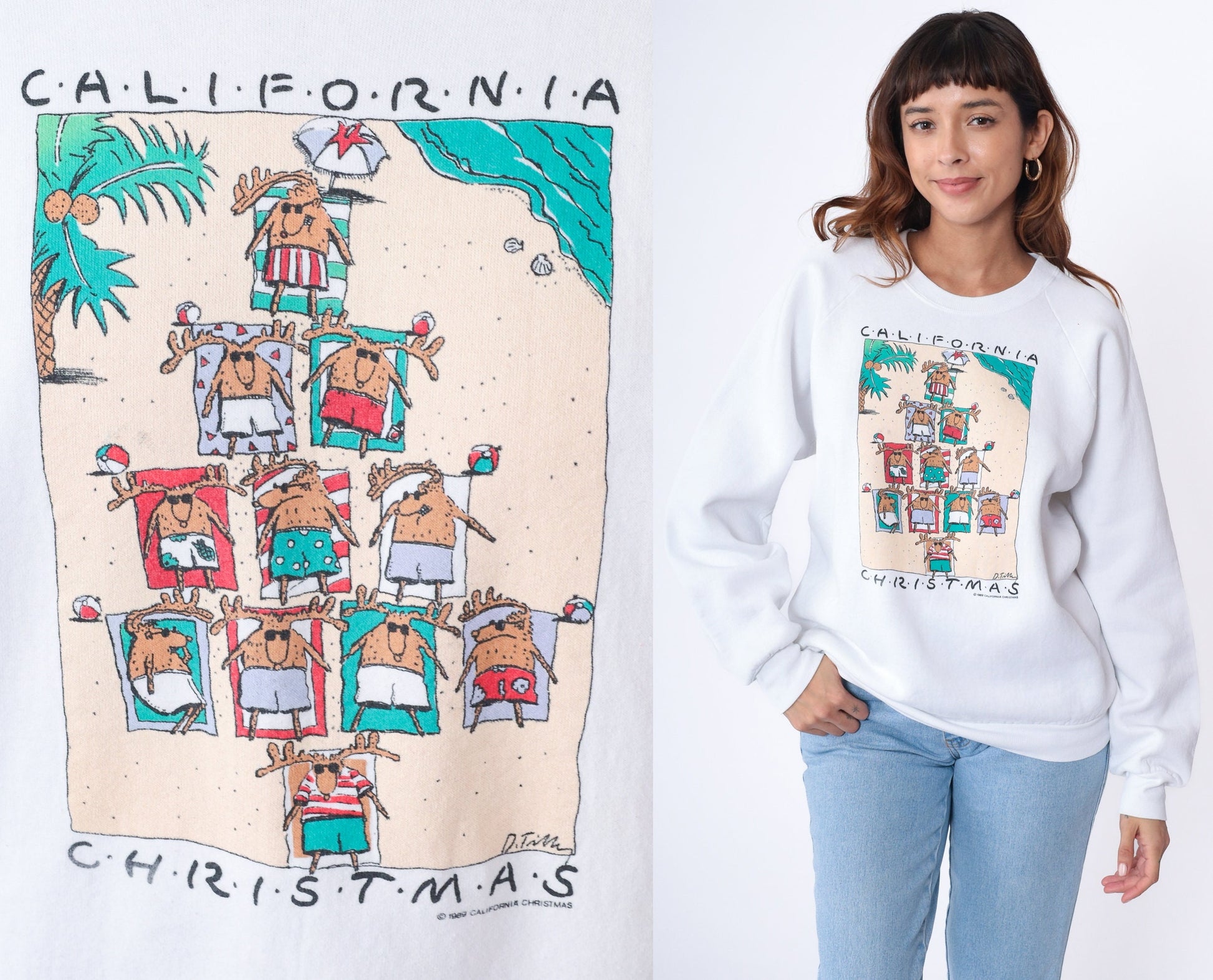 80s California Christmas Reindeer Beach Sweatshirt White Raglan Extra Large