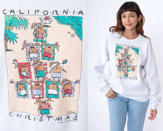 80s California Christmas Reindeer Beach Sweatshirt White Raglan Extra Large