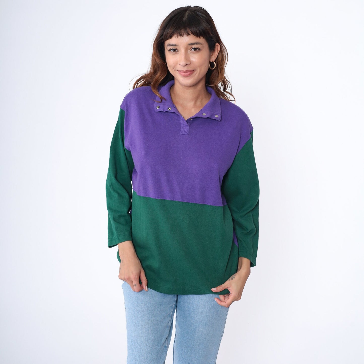 90s Color Block Henley Purple Green Snap Button Long Sleeve Shirt Medium