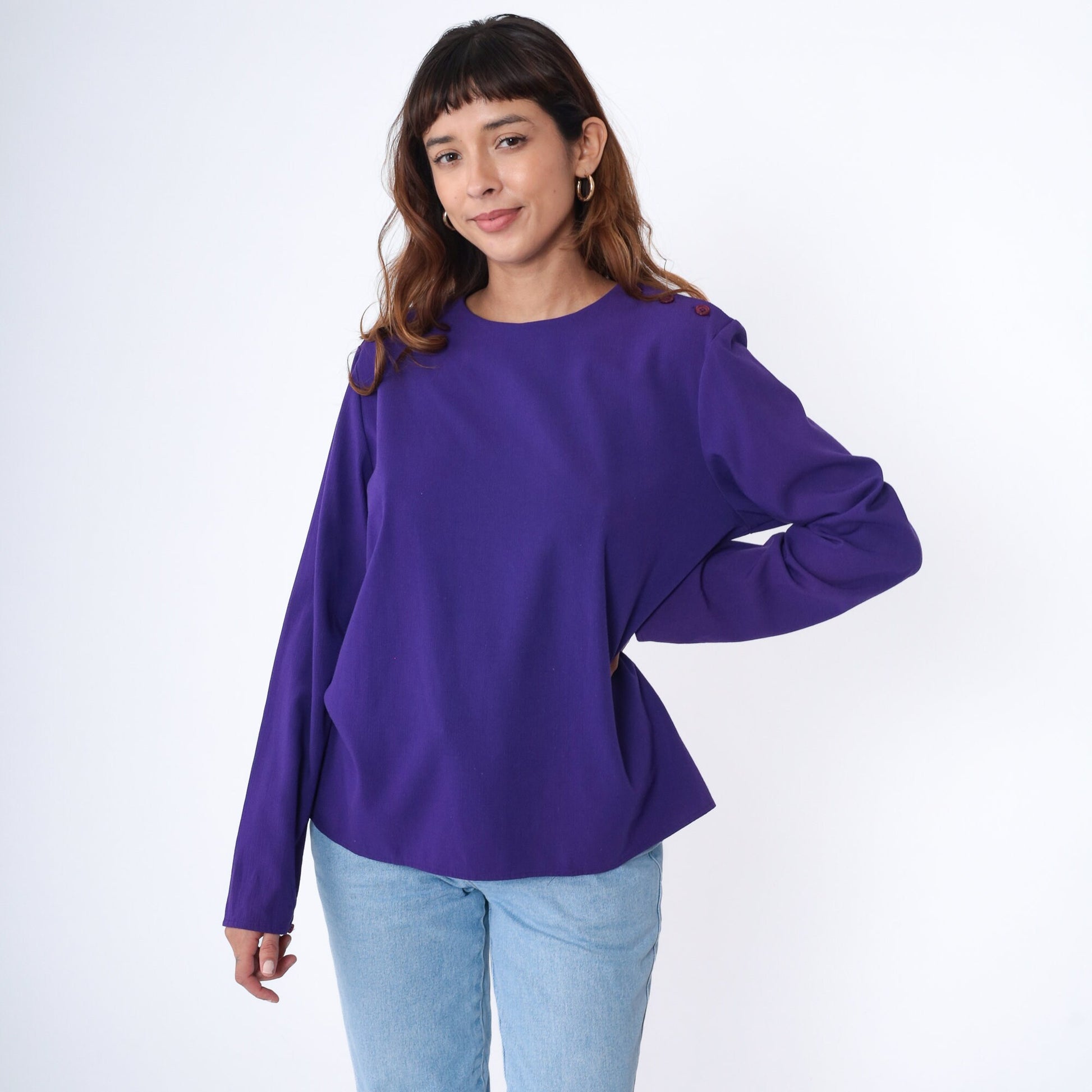 90s Purple Blouse Shoulder Button Long Sleeve Pullover Top Extra Large
