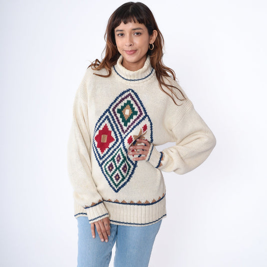 90s Liz Claiborne Geometric Turtleneck Sweater Off-White Jacquard Knit Medium